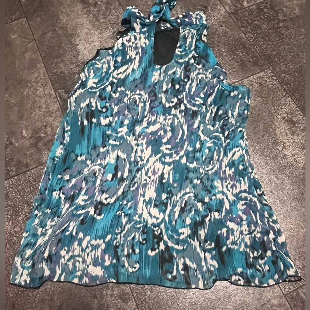 Gorgeous Dressy Teal/Black/White High Neck Sleeveless Ruffle Top - Picture 3 of 5